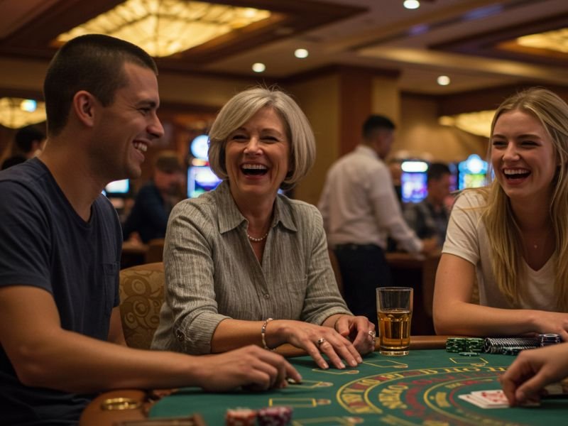 Man playing cards with friends in a casino using pusoy online apk