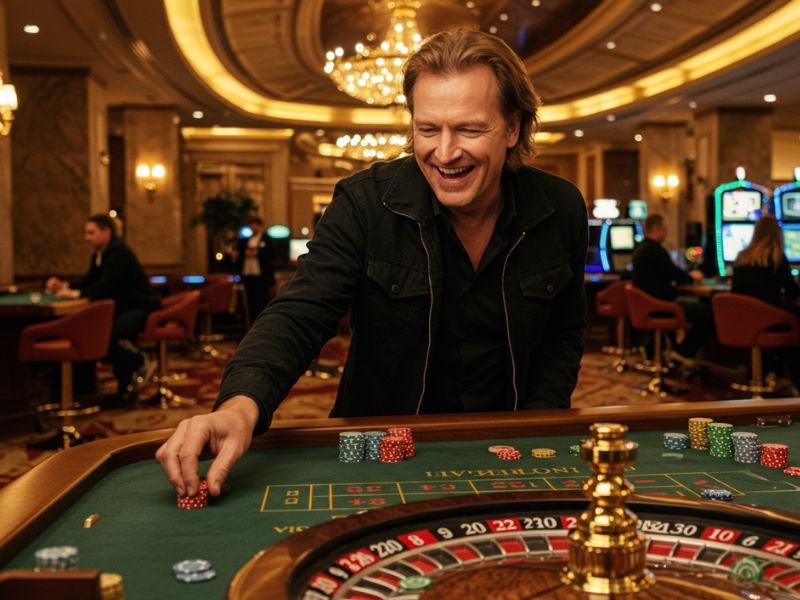 Old man smiling and winning while playing on his mobile device with Tongits APK in a lively casino setting.