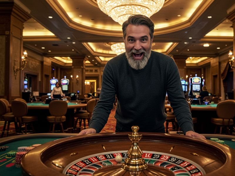 Old man enjoying colorful card games on his tablet while playing Pusoy Online APK in a lively casino setting.