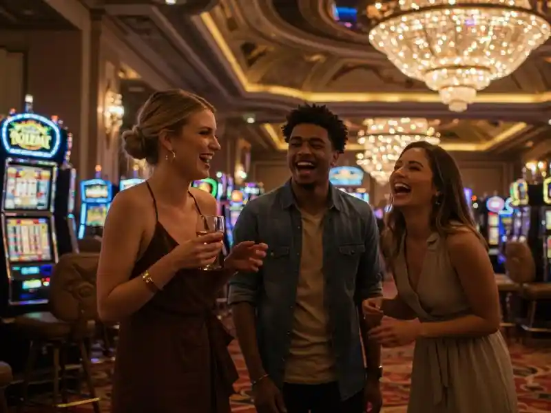Friends enjoying drinks and laughing together while playing Pusoy Online Games in a lively casino setting.