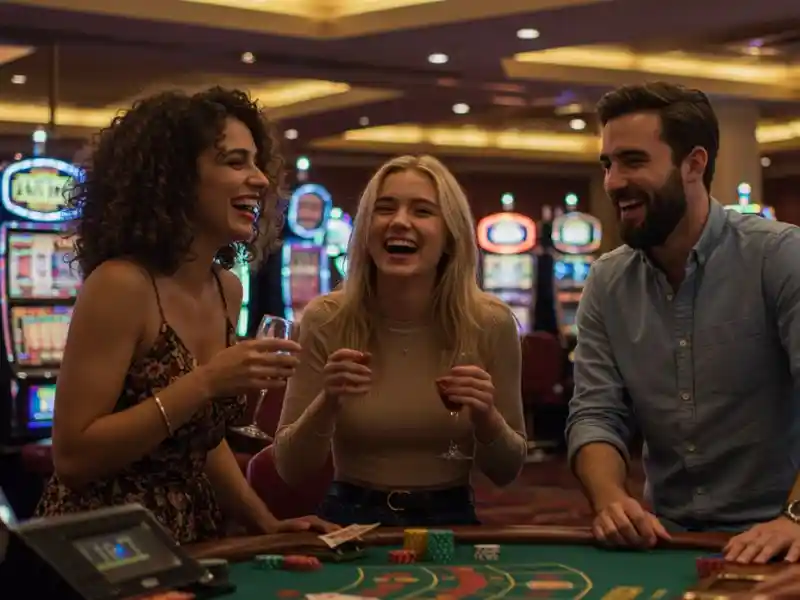Girl and her friends enjoying a fun session of Pusoy Online Games at a lively casino