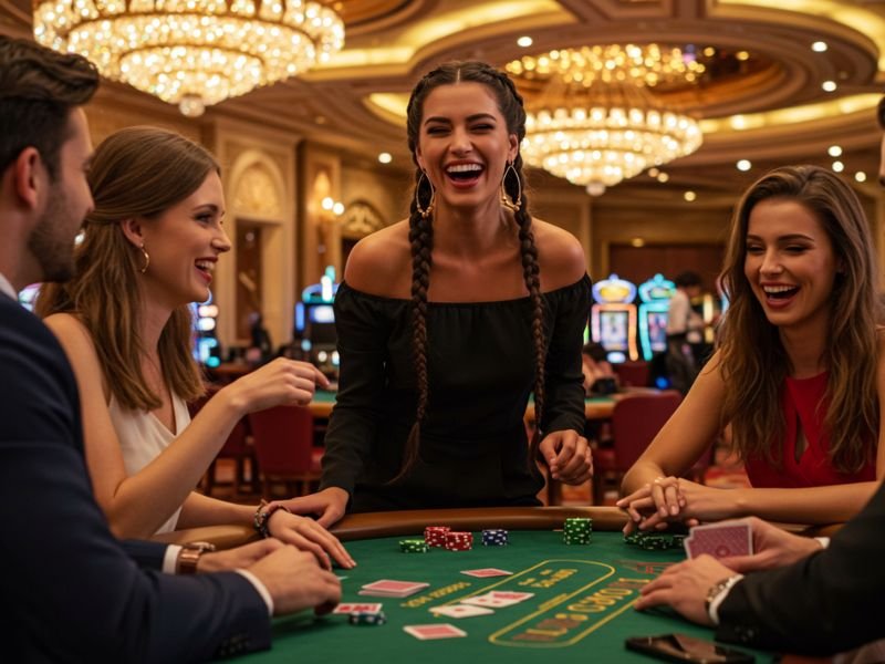 Girl happily playing Pusoy using Tongits APK in a vibrant casino setting