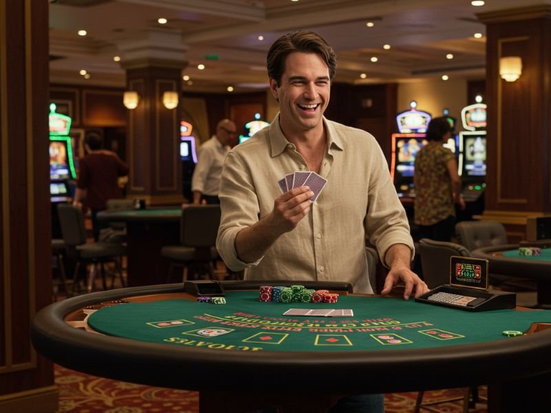 Man happily playing cards in a casino using Tongits APK on his device.