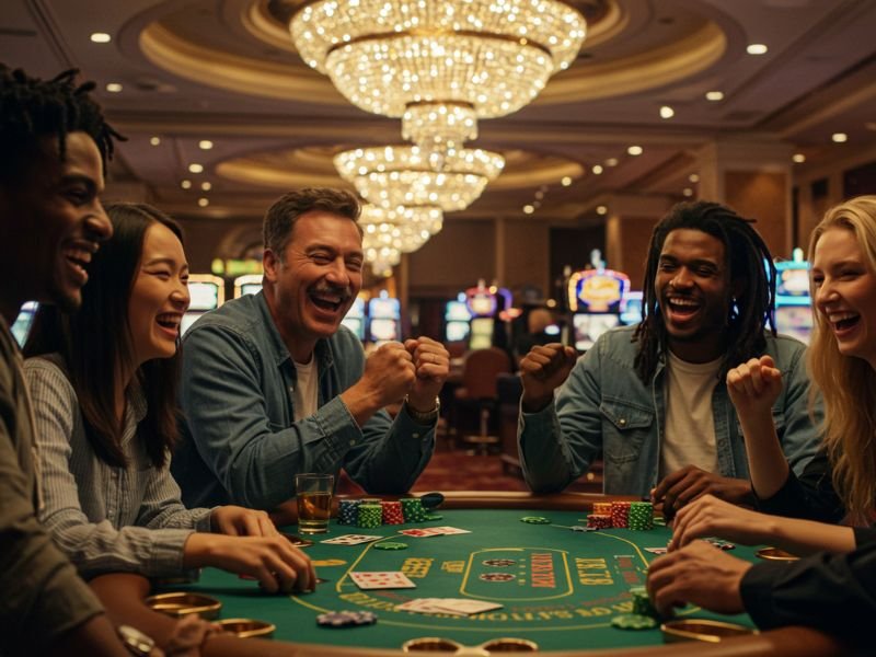Friends enjoying a thrilling card game together at a casino while playing on winfinity Online.