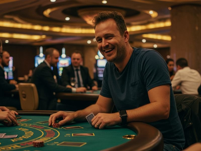 Man placing a big bet in a casino while enjoying winfinity Online games.