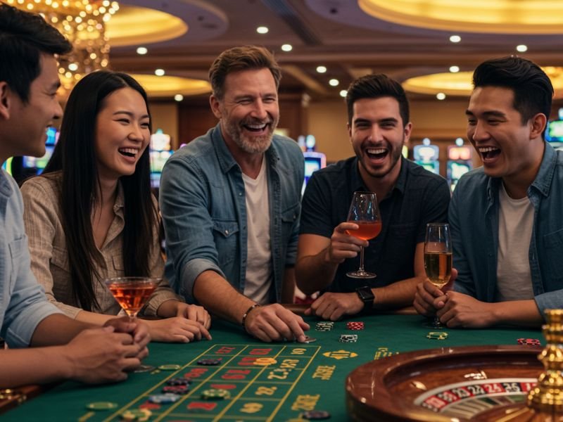Old man and his friends enjoying drinks and games together at a casino, showcasing fun moments on Winfinity Online.