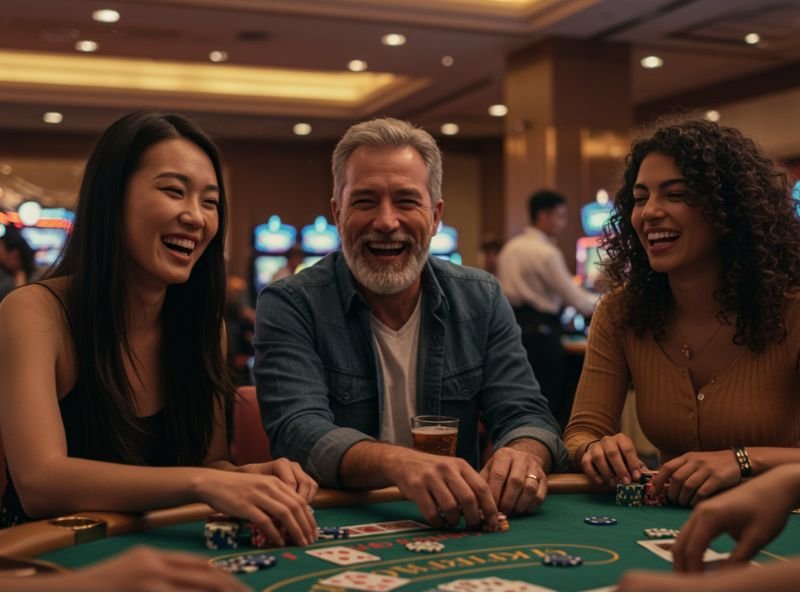 Old man enjoying card games with his daughter at a casino on winfinity Online