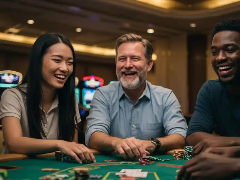 cheerful man with friends smiling while playing cards at 877 jili official site casino platform