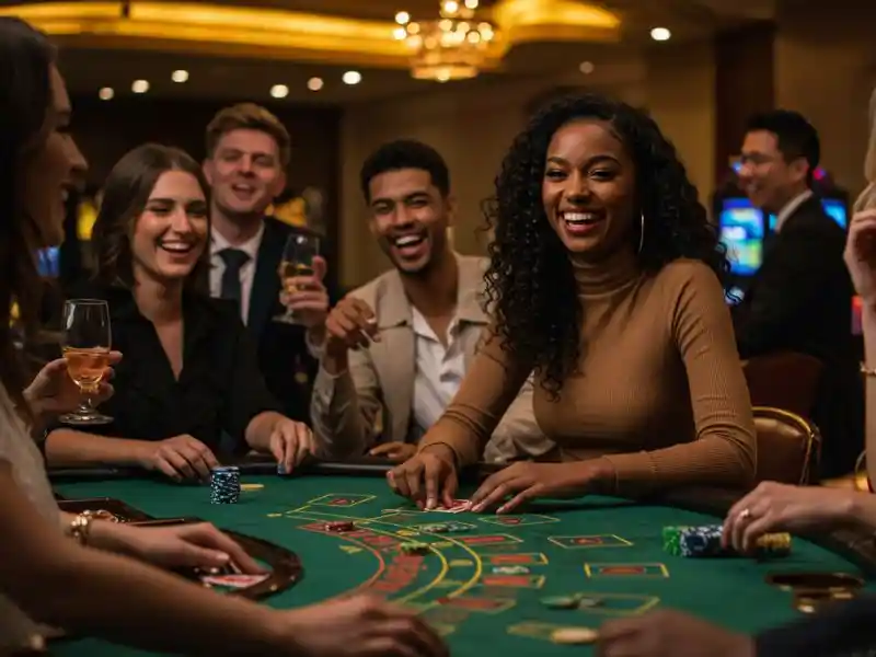 woman with friends laughing at card night while enjoying casino vibes at 877 jili official site