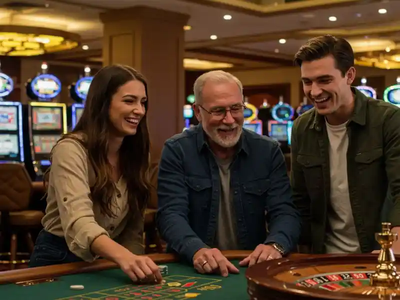 friends enjoying casino night playing roulette with smiles and laughter at Buenas Game 888