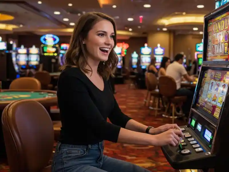 Girl in a black shirt playing cards at a casino table, learning strategies from the Blackjack Best Guide.