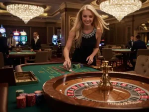 Woman enjoying a casino game with a roulette wheel, featured in the Blackjack Best Guide.