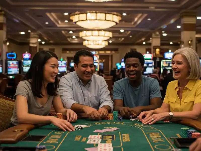 group of friends with happy faces playing poker and learning blackjack for beginners at the table