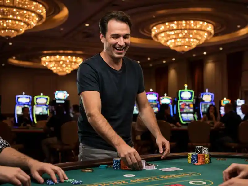 happy man grinning while holding poker cards, perfect image for blackjack for beginners learning casino play