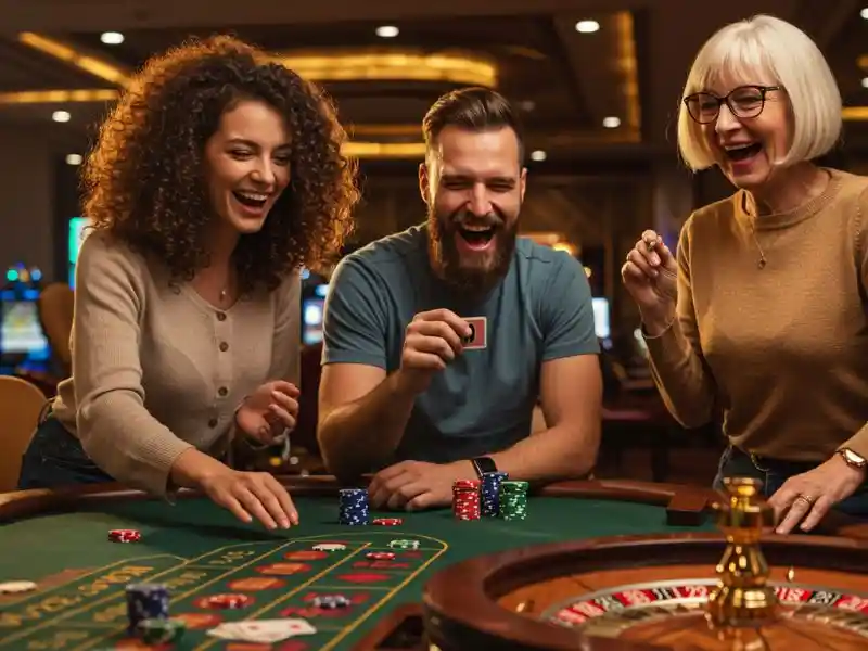 happy woman with friends sharing poker fun at buenas market casino, enjoying laughter and exciting table games together