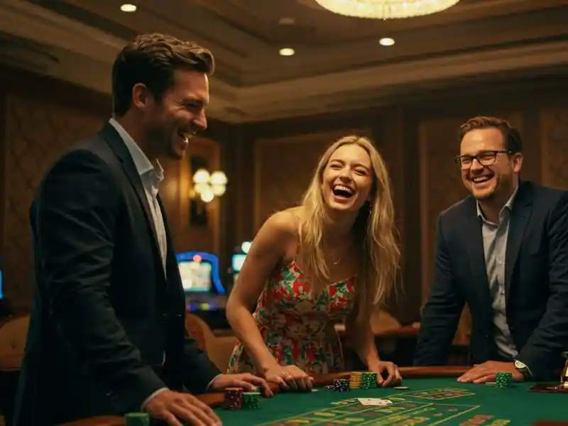 smiling woman with friends celebrating a big win at buenas market casino tables