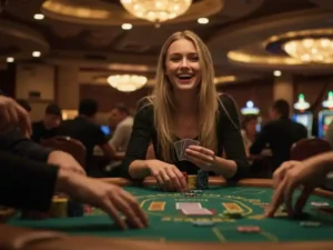 woman cheering with joy over winning poker hand at buenas market casino tables