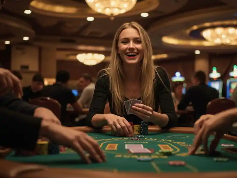 woman cheering with joy over winning poker hand at buenas market casino tables
