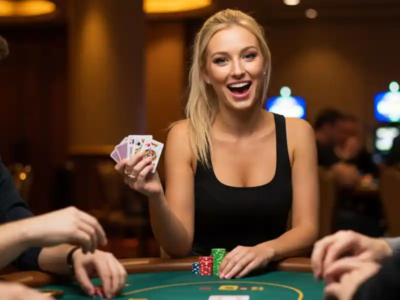 sexy girl playing poker cards and casino games while logging in at buenas market login platform, excited and focused