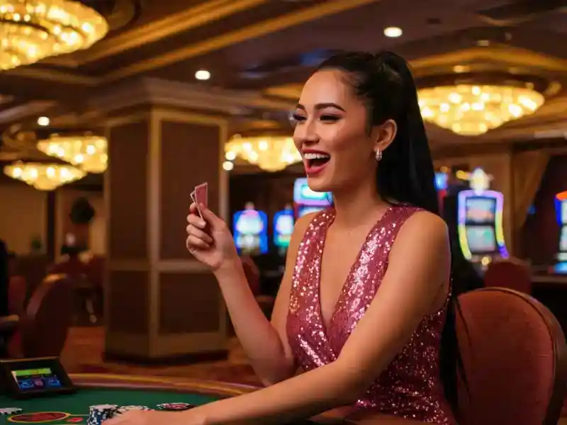 excited lady winning chips in cards and slot games on bwenas gaming website, celebrating big wins with a smile