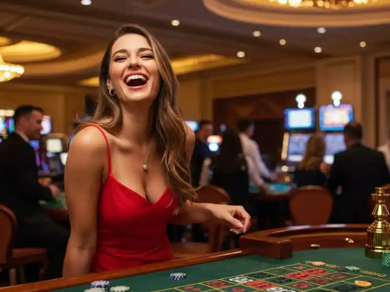 sexy woman spinning roulette wheel and playing cards at Bwenas Gaming Website, enjoying thrilling online casino action