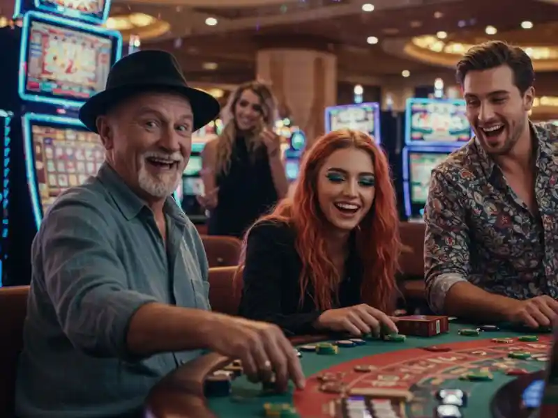 woman and friends celebrating a slot machine win with joy, highlighting positive gameph reviews 2025 experience