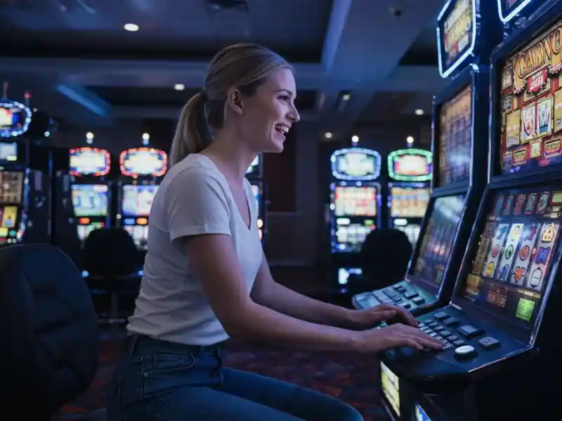 cheerful woman enjoying slot machine experience on gel pagcor online platform, smiling with excitement