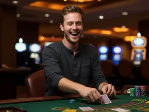 man with friends cheering over blackjack win at gel pagcor online platform, celebrating casino victory