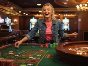 beautiful woman smiling over her chips while playing at lucky88 online casino, enjoying her winning streak