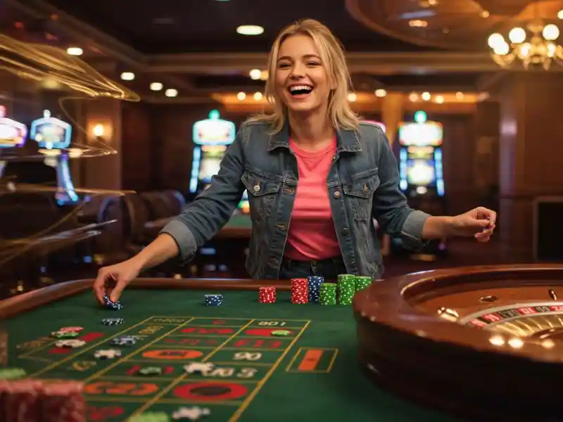 beautiful woman smiling over her chips while playing at lucky88 online casino, enjoying her winning streak