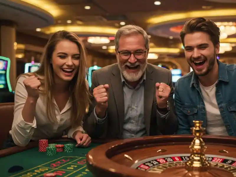 friends laughing with a man during a roulette spin at lucky88 online casino, enjoying the exciting gameplay together