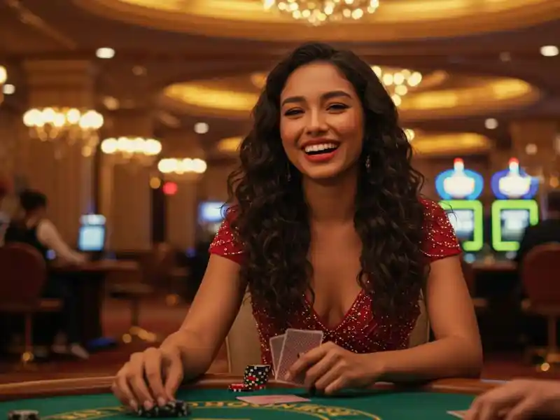 happy woman smiling at her card hand while playing at lucky88 online casino, enjoying the thrilling gaming experience