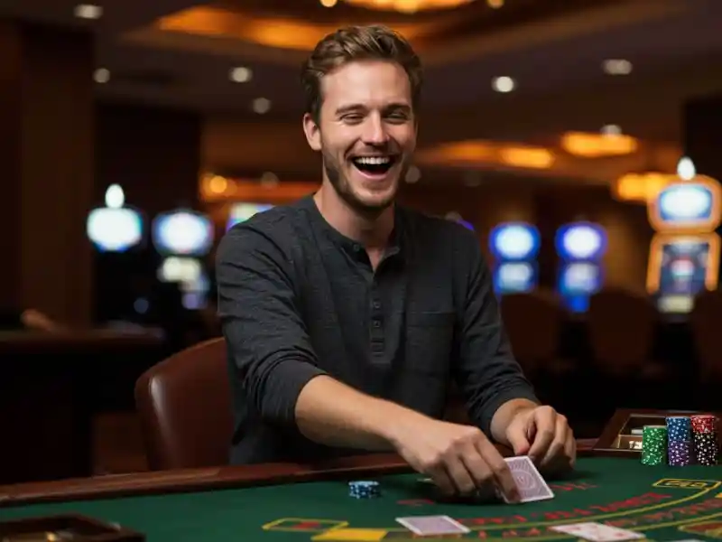 man with friends placing chips on blackjack table, enjoying fun at lucky88 online casino