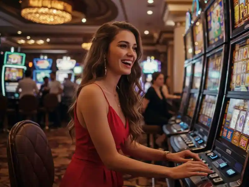 cheerful woman enjoying slot machine and winning big at pagcor club online casino