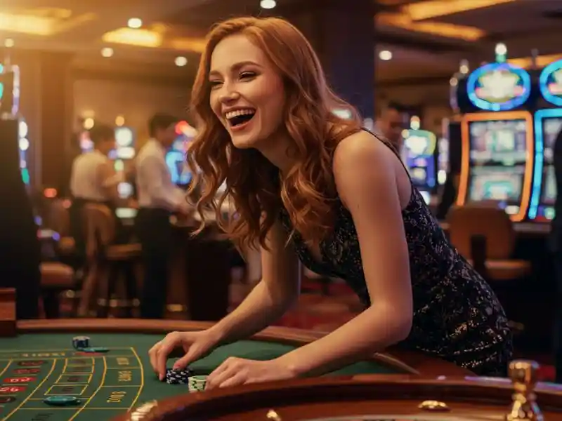 glamorous woman playing roulette at a lively PAGCOR club, enjoying the casino atmosphere