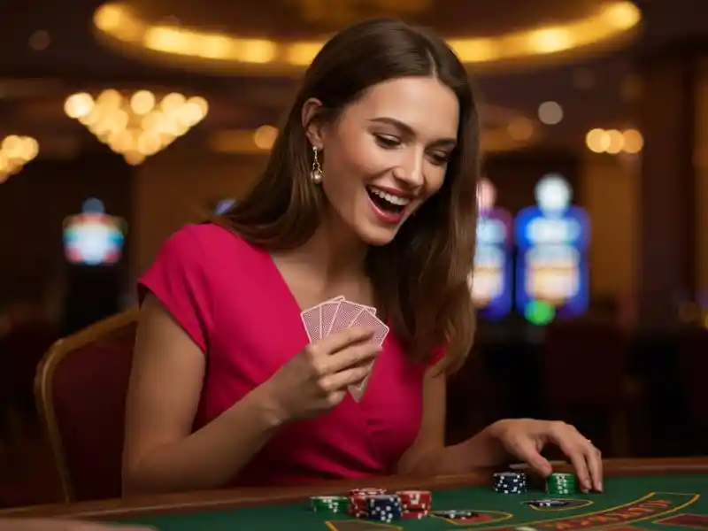 woman celebrating her winning hand of poker at pagcor club, smiling and enjoying the casino atmosphere
