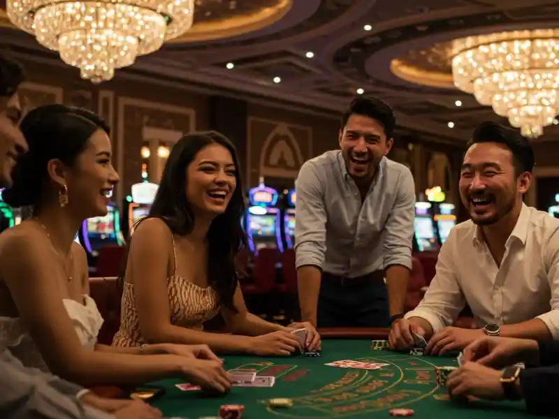 group of friends with happy faces playing poker game together at perya mobile casino