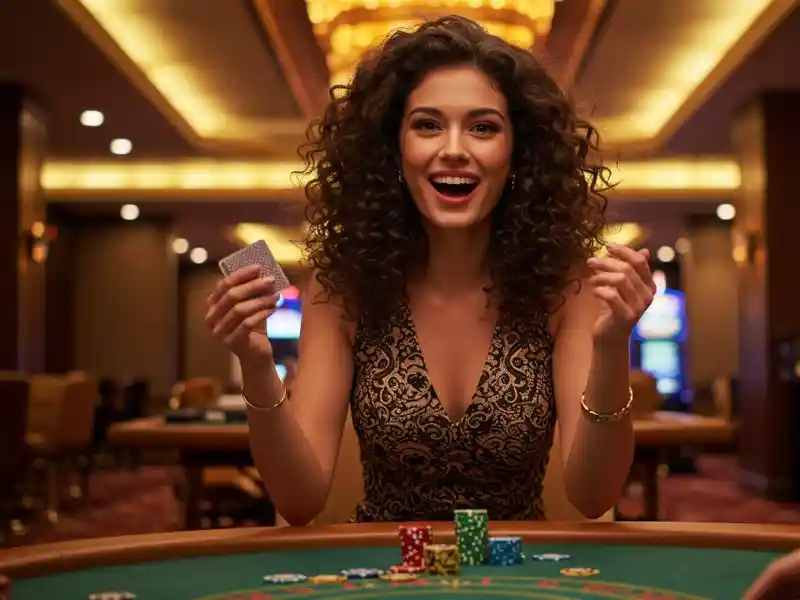 cheerful woman winning a round of blackjack while learning poker basics in an exciting casino setting