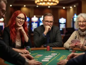 happy man with friends enjoying a round of cards, laughing and learning poker basics at the table