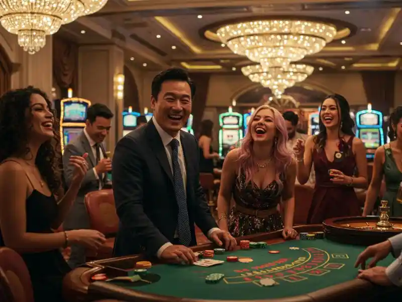 friends smiling and playing casino games together at pusoygo, enjoying roulette and card games at night