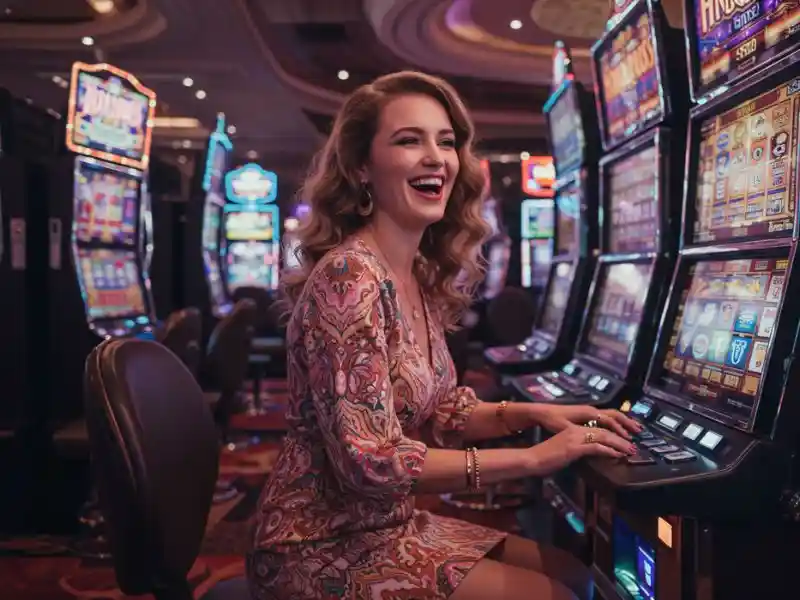 joyful woman playing casino games online on pusoygo platform, smiling and having fun with cards