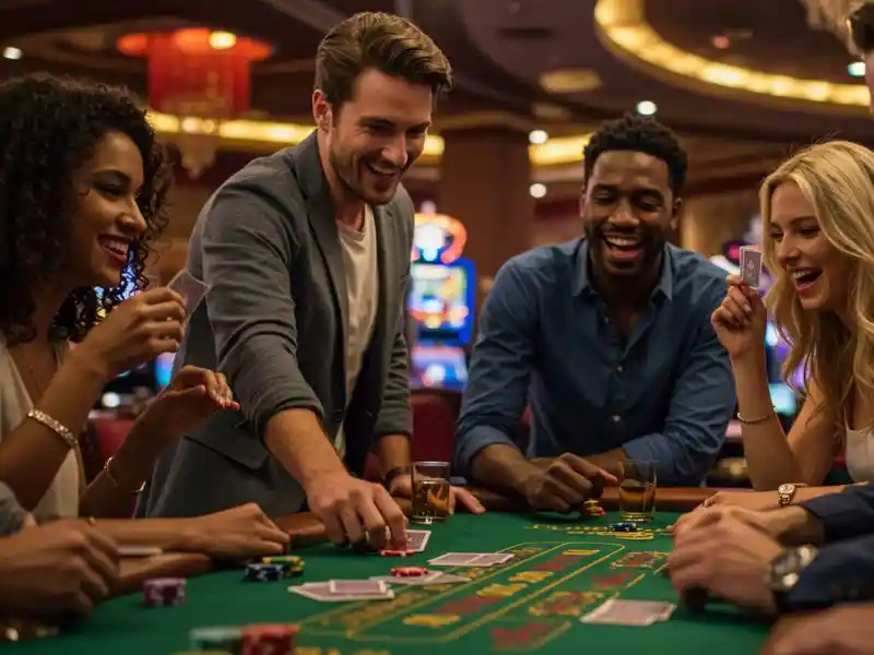 happy friends laughing together while playing slots at royal888 official site casino platform