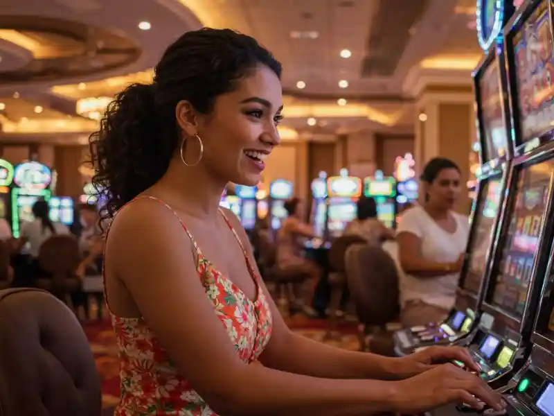 joyful woman enjoying her first spin at the royal888 official site online casino, smiling with excitement