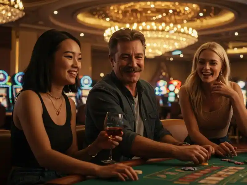 Girl enjoying the Sic Bo table Game with friends in a lively casino setting while drinking and playing cards.