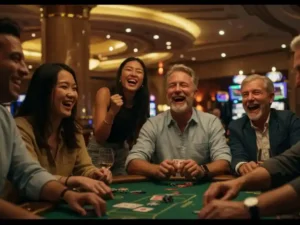 Two elderly men celebrating their win while playing Sic Bo table Game in a lively casino.