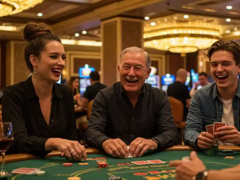 Elderly man and his friends enjoying a lively session at a Sic Bo table game, smiling and placing bets.