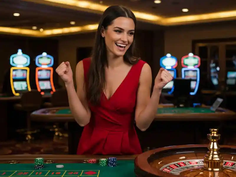 Happy girl in a red dress enjoying her bets at a Sic Bo table Game.