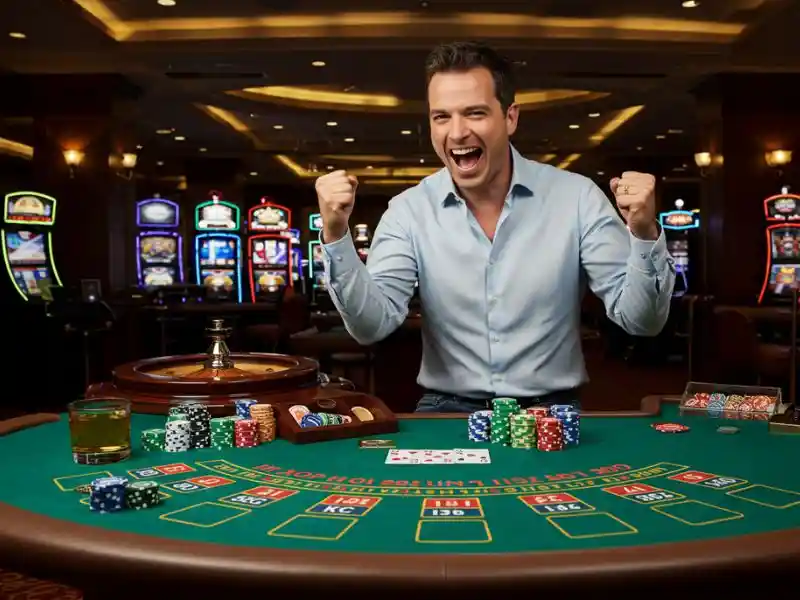 cheerful man with friends holding playing cards while enjoying sicbo casino games together