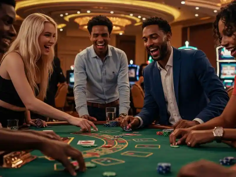 happy friends laughing together during an exciting poker session at sicbo casino