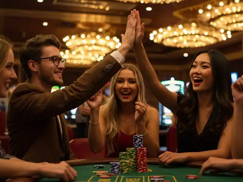 group of lucky friends enjoying sicbo casino games surrounded by chips and cards on the table